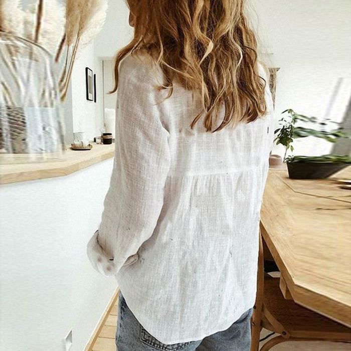 Chemise Femme Lin Et Coton - Col V, Manches 3/4, Coupe Loose, Pour été, Grande Taille, élégante Décontractée