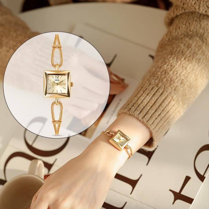 Montre Femme Cadran Carré Chiffres Romains - Bracelet Acier Maille Palmier, Quartz, Cadeau élégant Petite Taille - 12