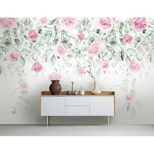 Papier Peint Intissé Panoramique Floral Roses Feuilles 368x254 cm Rose ...