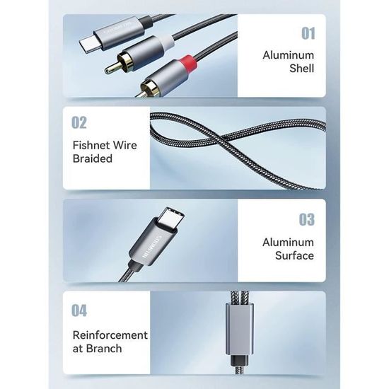 Câble audio USB C à 2 RCA, câble adaptateur audio Maroc