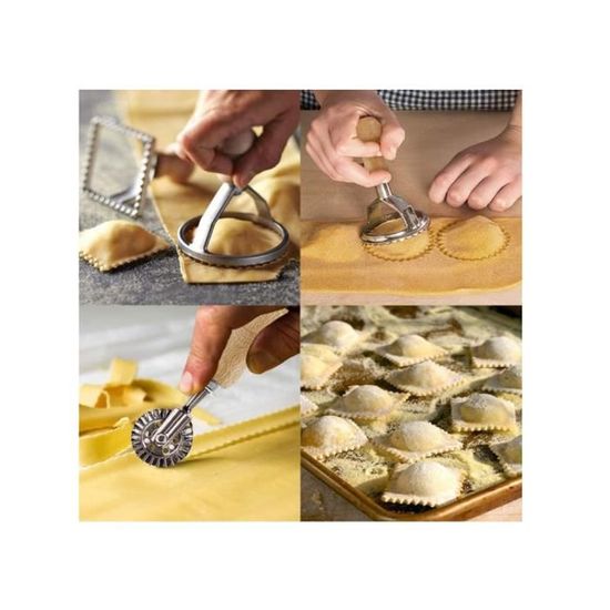 ZSMJAER Kit 5 Pièces Machine à Ravioli – Moules Bois & Zinc + Roulette à Pâtisserie, Formes Rondes, Carré, Cœur