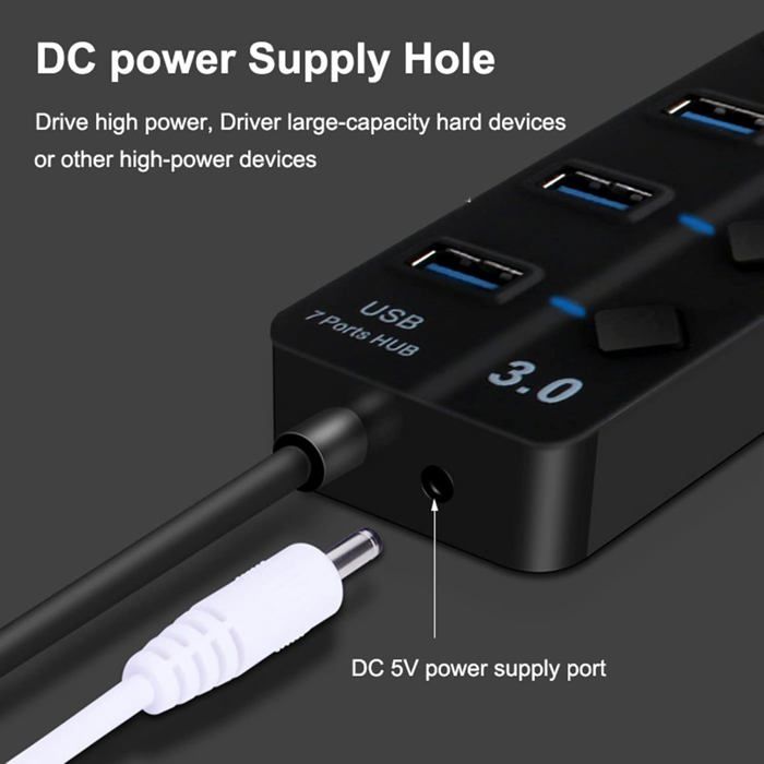 Atolla Hub USB 3.0 7 Ports Multi Hub USB Alimenté Avec Interrupteur Indépendant Et 5V/4A 20W Adaptateur Alimentation