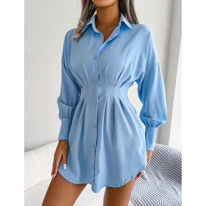 Dioche Mini robe chemise Robe Chemise a Col en V pour Femme Longueur Genou Robe Chemisier elegante a Manches vetements robe Blue Cdiscount Pret a Porter