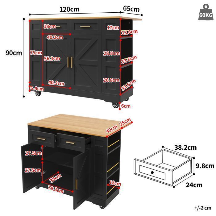 Desserte de cuisine 2 portes 3 tiroirs, desserte roulettes, table pliante, buffet, MDF, 133x37/70x88cm, blanc