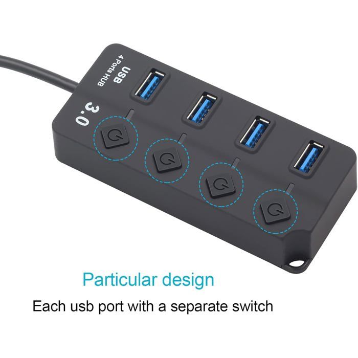 2 Hubs USB 4 Ou 7 Ports Avec Interrupteurs Indépendants – USB 3.0 (5 Gbps), Anti-dérapant, Pour Bureau, Voyage, Gaming - 10