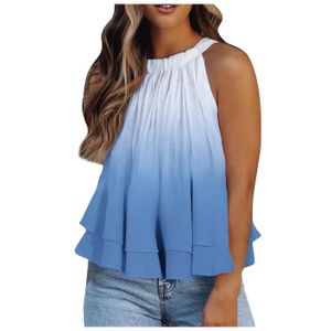 T-SHIRT T-Shirt À Col Licou Pour Femmes Sans Manches Fleurs Camisole Décontractée Plissée Bleu
