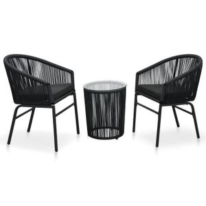 Ensemble table et chaise de jardin bistro 3 pcs avec coussins Rotin PVC Noir