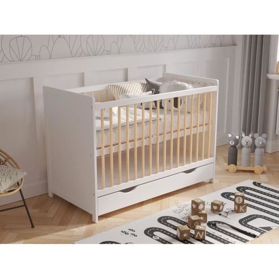 Lit bébé évolutif avec tiroir et matelas collection LUTIN réglable en  hauteur. Coloris blanc mat.