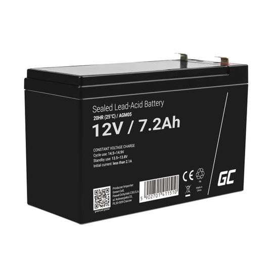 GreenCell®  Rechargeable Batterie AGM 12V 7,2Ah accumulateur au Gel Plomb Cycles sans Entretien VRLA Battery étanche Résistantes