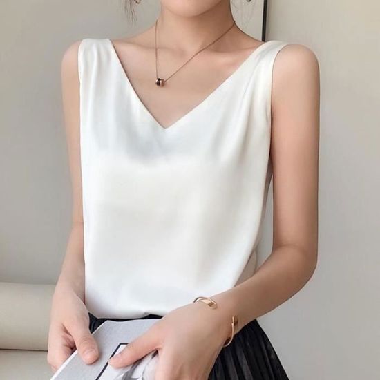 Débardeur Femme Satin Soie 2025 – Col En V, Bretelles Fines, Bordure Dentelle, Pour L'été