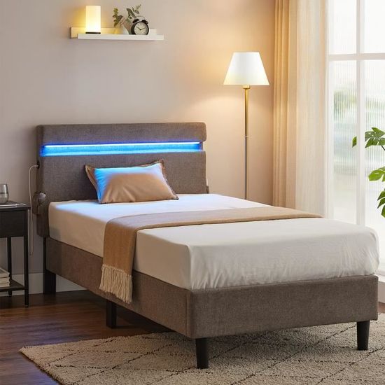 Lit simple pour adulte ou enfant LUCENO avec sommier 90x190 cm 1 place,  tête de lit avec LED intégrées, en synthétique blanc IDIMEX Pas Cher 