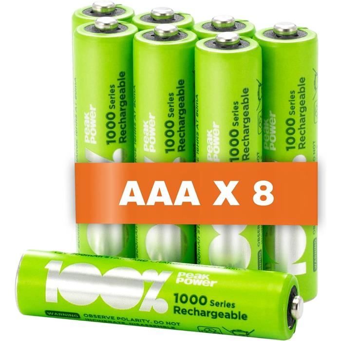 Piles Rechargeable AAA x 8 - Série 1000 -100% PeakPower - Préchargé Haute Capacité Batterie NiMH 1.2V LR03