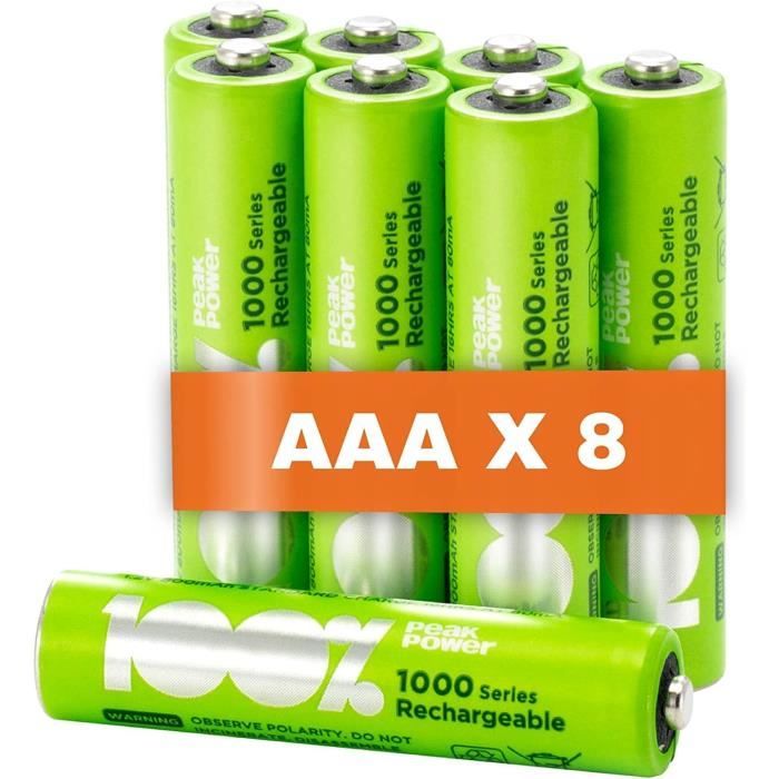 Piles Rechargeables AAA - Lot de 8 Piles, 100% PeakPower, Batteries AAA  LR3 Rechargeables 1.2v Minh 800 mAh