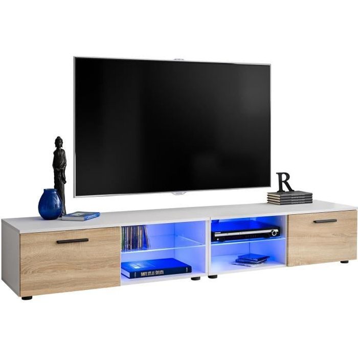 2 meubles TV avec une étagère en verre et une porte / Carcasse en Mat / Façades en Bois Mat / L(2x100cm) x H34.5cm x P45cm / Sonoma