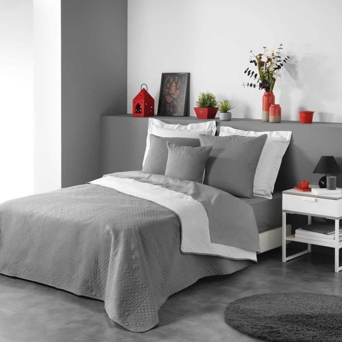 Couvre-lit 2 personnes matelassé 220x240 bicolore Cottage anthracite blanc Gris