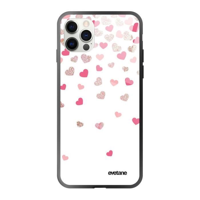 Coque soft touch glossy pour iPhone 12/12 Pro - EVETANE - Modèle : Coeurs en confettis