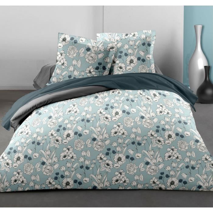 LOVELY HOME Parure de couette Blossom - 1 housse de couette 220x240 cm + 2 taies 65x65 cm volant plat piqué - 54 Fils - Bleu