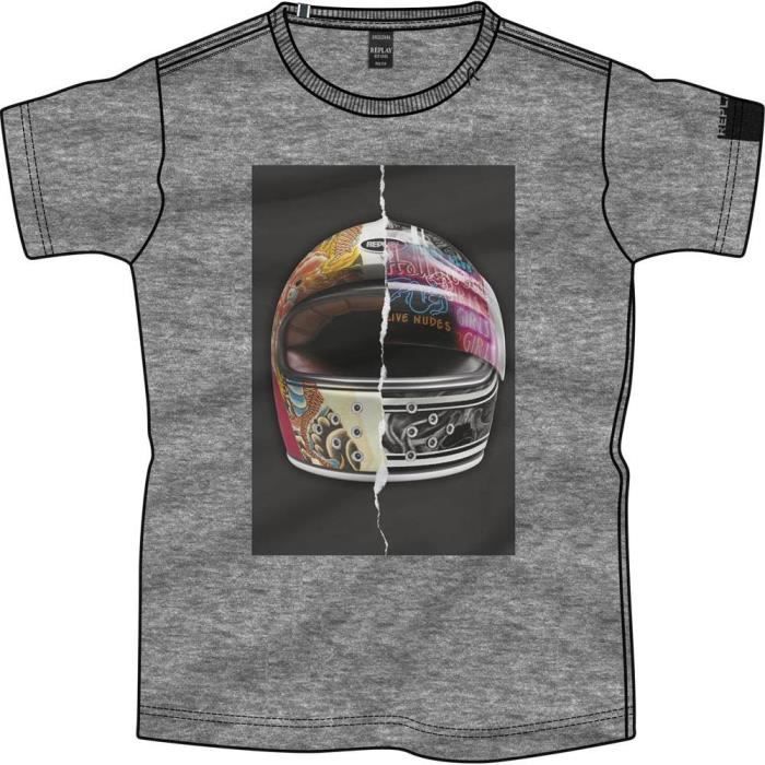 vêtements homme t-shirts replay m3604. t-shirt à col rond homme en pur coton, coupe normale, avec imprimé casque sur la poitrine, dé