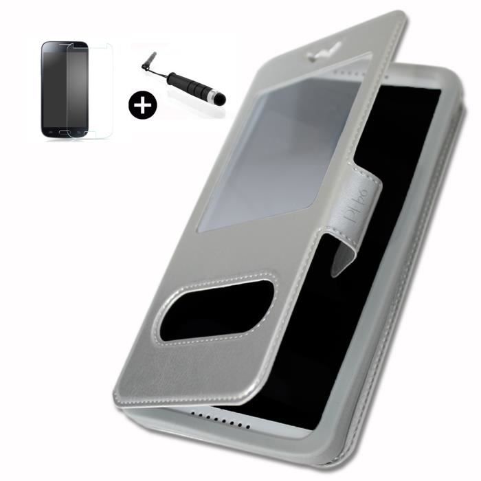 ZTE AXON 7 super PACK Etui fenêtres argent PU + mini stylet + verre trempé Dureté 9H, Ultra-mince 0.20 mm