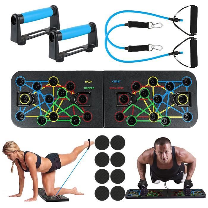 Push Up Board, 23 en 1 Pliable Planche de Musculation Planche à Pompes avec 2pcs Bandes Résistance et Poignées