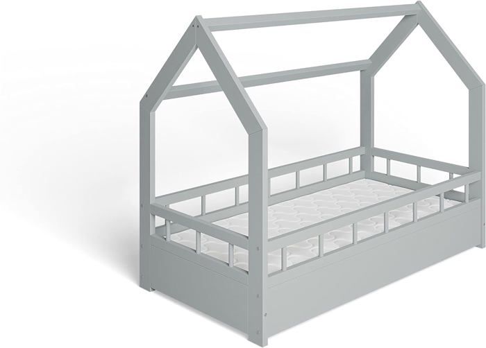 MS FACTORY Lit Enfant Bébé avec un Matelas Maison 70x140 cm - Lit en Massif Cabane - Style Scandinave - Gris Barrières