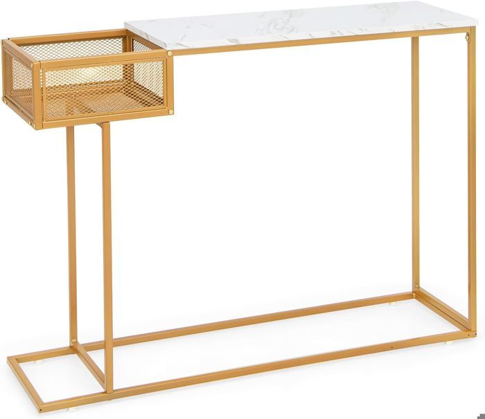 giantex console meuble entrée avec 1 etage et panier- en effet marbre doré-table console table d'appoint scandinave-cadre en métal