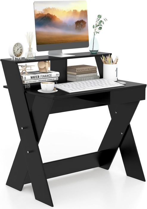 giantex bureau informatique avec tiroir et etagère surélevée- table avec repose-pieds- cadre en forme de x- 90 x 61 x 94 cm- noir