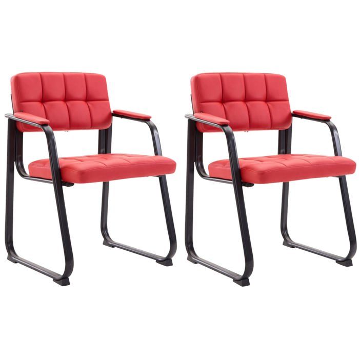 Lot de 2 chaises de bureau visiteur avec accoudoirs siege en PVC rouge et cadre en metal noir 10_0003110