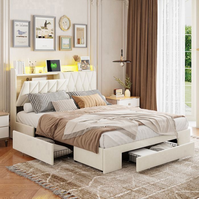 Cadre de lit 160x200 cm velours beige avec LED multicolore USB/Type-C et tiroirs - sommier inclus