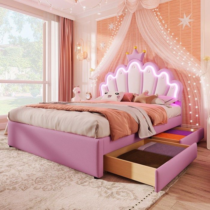 Lit double rembourré 140x200cm Lit enfant Lit princesse Lit capitonné PU avec tête de lit couronne lumière LED et 2 tiroirs - rose