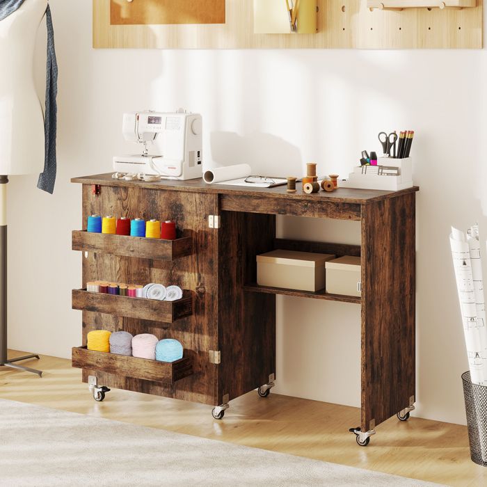 Table Machine à Coudre Pliante - RELAX4LIFE - 2 en 1 - 4 Etagères de Rangement - Roulettes avec Freins - 117X40X77CM - Industirel