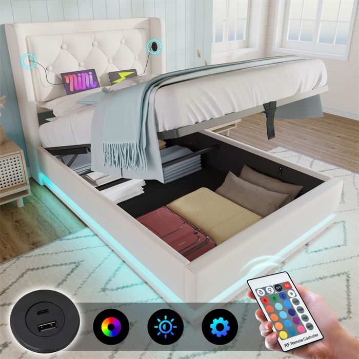 Lit coffre rembourré 90x200 cm blanc (PU) avec sommier LED et port USB‑C – 1 place sans matelas