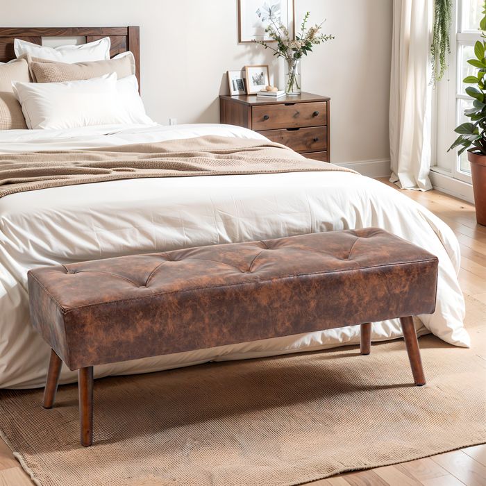 Banc bout de lit banquette capitonnée style vintage 114 x 38 x 42 cm piètement bois revêtement marron effet vieilli