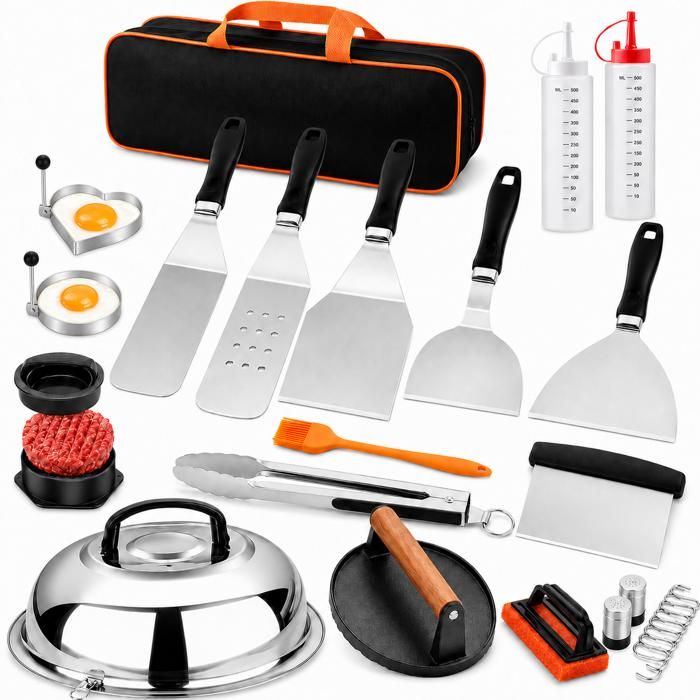 27PCS Ustensiles barbecue Acier inoxydable Kit plancha Avec clip Ensemble de barbecue (avec presse à burgers) Prime Sac de Transport