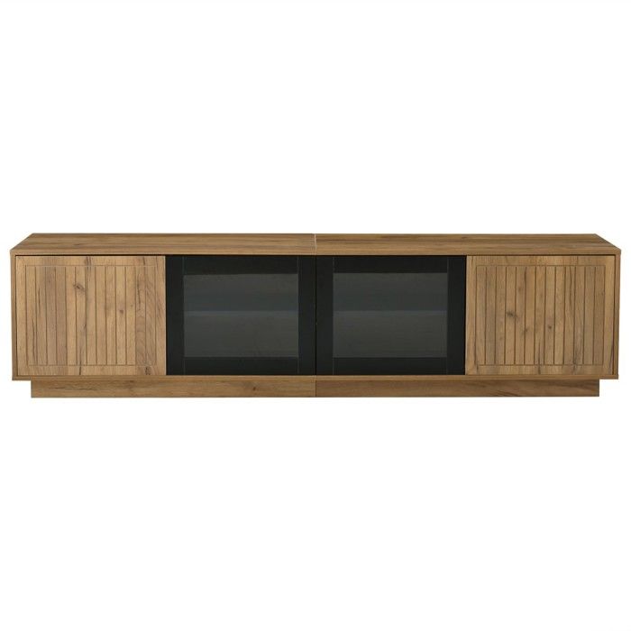 Meuble TV 180 cm naturel et noir - Meuble bas salon avec 2 compartiments éclairage LED et verre - Charge 30 kg pour TV jusquà 75 Meuble TV 180 cm naturel et noir - Meuble bas salon avec 2 compartiments éclairage LED et verre - Charge 30 kg pour TV jusquà 75