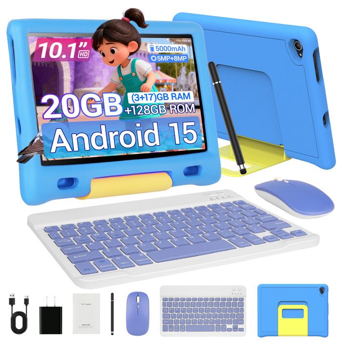 Tablette Enfant 10 Android 15 Inclus Clavier/Souris/Stylet Écran HD 1280x800 20Go RAM 128Go ROM Double Caméra Face ID - Bleu
