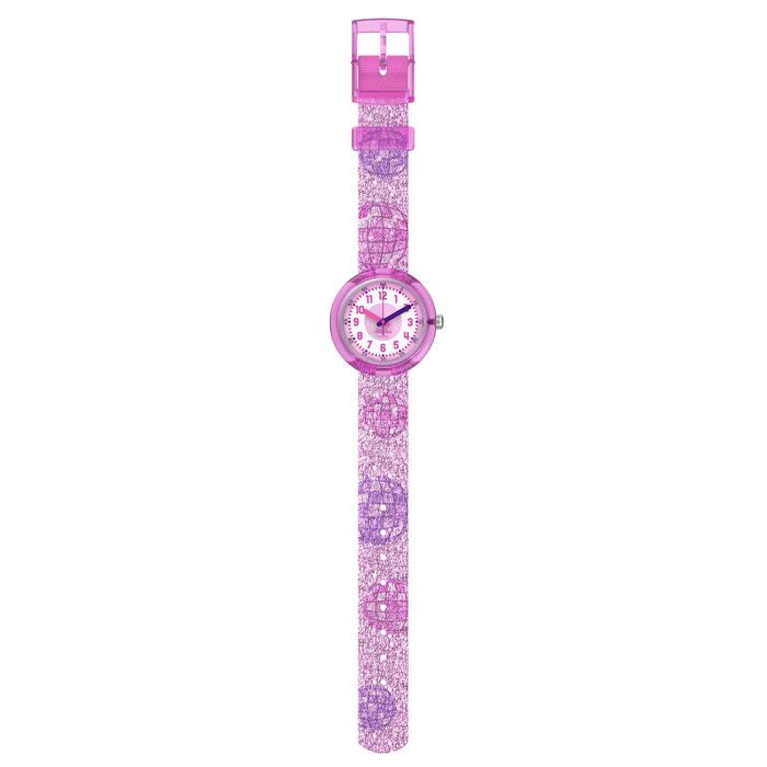 Montre - FLIK FLAK - DISCO TIME - Boîtier transparent 31 85 mm - Bracelet textile rose - Quartz Swiss Made
