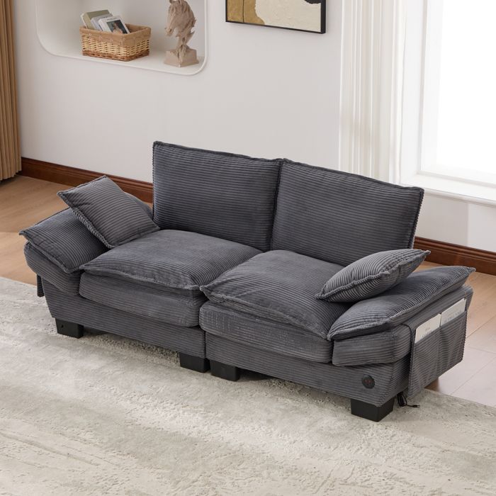 Canapé 2 places gris foncé L 190 x P 73 x H 84 cm port USB-C poches latérales assise large