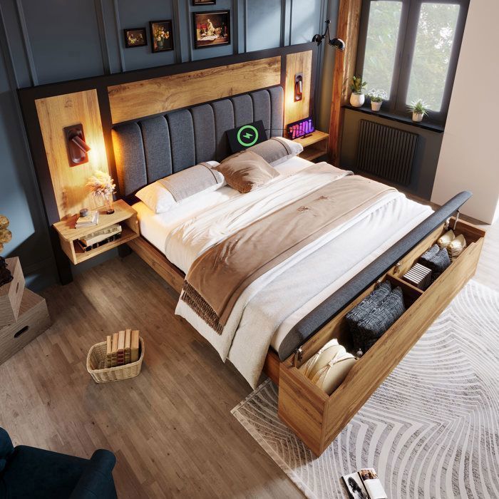 Lit King Size - MERAX - 180 x 200 cm - Effet chêne & lin - avec Chevets intégrés USB-C liseuses