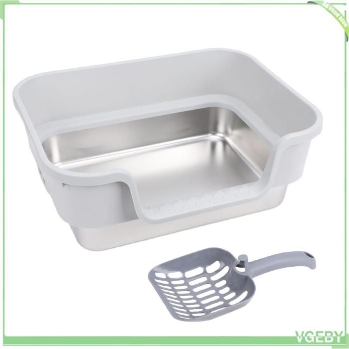 Bac à litière pour chat - FAFEICY - entrée basse - acier inoxydable - gris - spacieux pour grands chats
