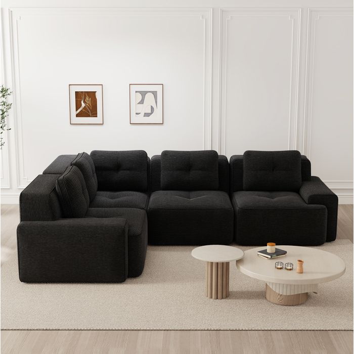 Canapé modulable 4 places en velours côtelé noir angle compressé sans montage assise profonde