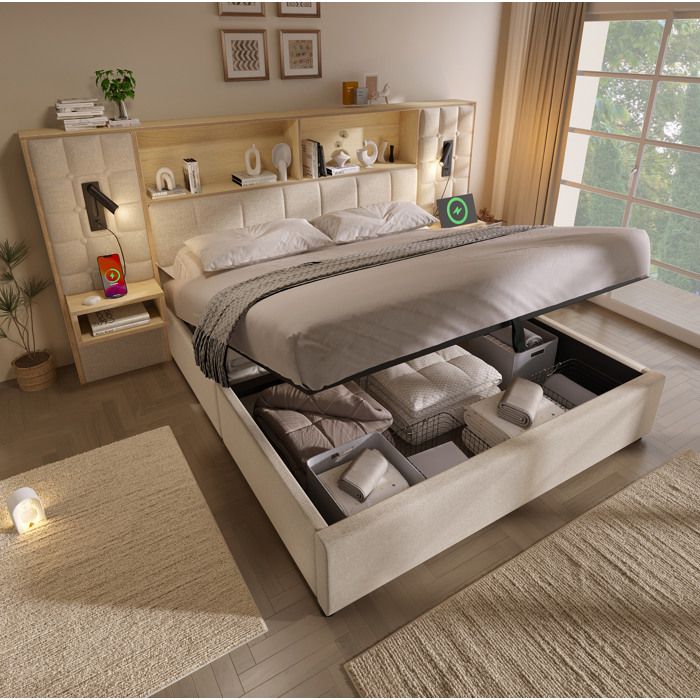 ULEVR Lit coffre 180x200 beige en tissu lin LED 2 lampes de lecture 2 chevets intégrés USB Type-C