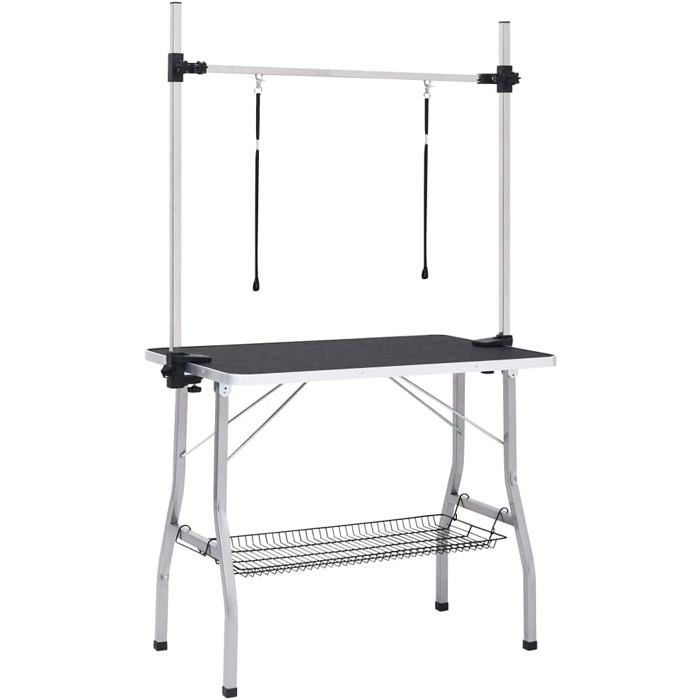 Table de toilettage pliable - 90x60x76 cm - Noir Blanc - Acier - Réglable en hauteur - Surface antidérapante