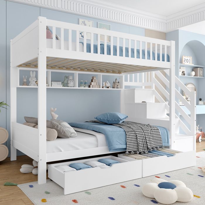 Lit superposé 90x200 cm enfant - 2 tiroirs - escalier de rangement et barrières - 2 sommiers inclus - blanc - MDF - sans matelas