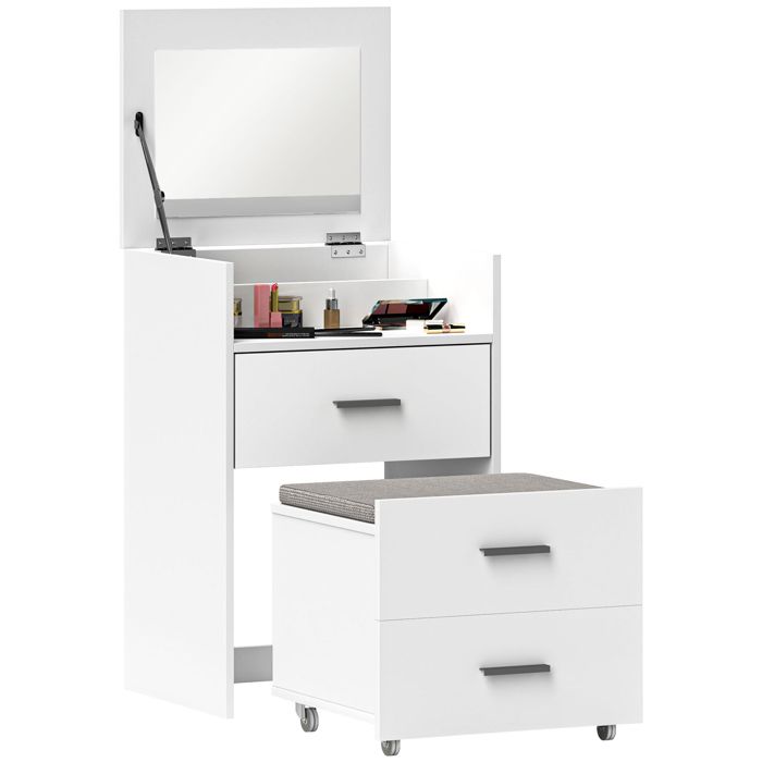 Coiffeuse - HOMCOM - miroir relevable et tabouret à roulettes - 2 tiroirs coussin amovible - MDF - 50 x 40 x 1135 cm - blanc