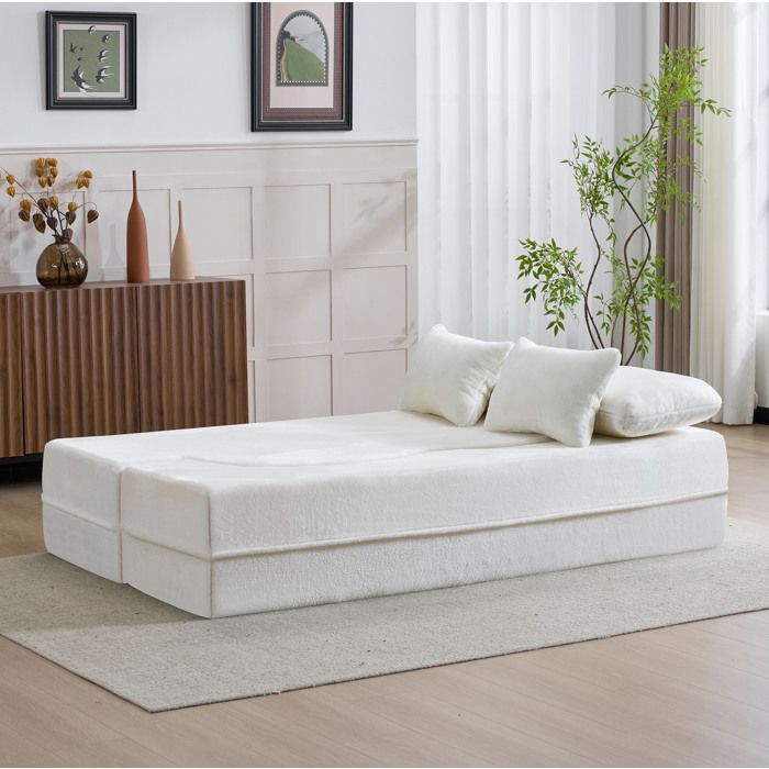 Futon de sol blanc moderne 4 coussins inclus matelas pliant mousse haute densité sans assemblage chambre damis