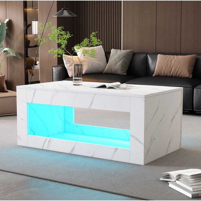 MEULVA Table basse LED moderne blanche effet marbre avec rangement ouvert 1005 x 505 x 50 cm