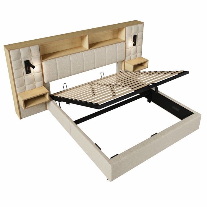 Lit Double 160x200 rembourré beige lin rangement LED lampes lecture port USB-C sommier lattes inclus Sans Matelas Lit Double 160x200 rembourré beige lin rangement LED lampes lecture port USB-C sommier lattes inclus Sans Matelas