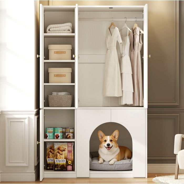 Armoire 3 portes de chambre 120 x 50 x 200 cm avec penderie étagères et niche pour animal en MDF blanc ORVRYN