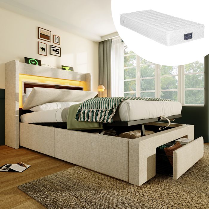 URTR Ensemble lit coffre hydraulique 90x200 lin beige tête lit rangements LED 16 couleurs USB tiroir roulettes avec matelas
